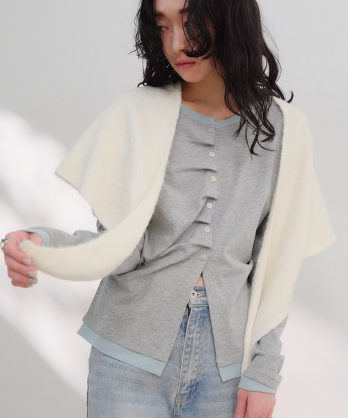 Shelly island（シェリーアイランド）の「トライアングルウール混ニットショール（ストール/ショール・レディース・グレー/ブラック/ホワイト/ブラウン・FREE）」の2枚目の写真