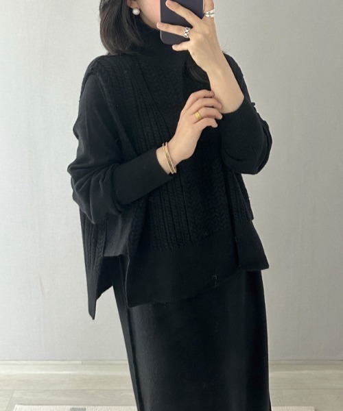 セール】ケーブルニットベスト＆スリットニットワンピース2点セット