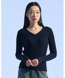 Cable Knit V-Neck Sweater (BLACK)