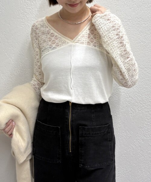 Omekashi(オメカシ)の「レース切替ニットソー(Tシャツ/カットソー・レディース・カーキ/ブラック/オフホワイト/グレー・FREE)」の2枚目の写真