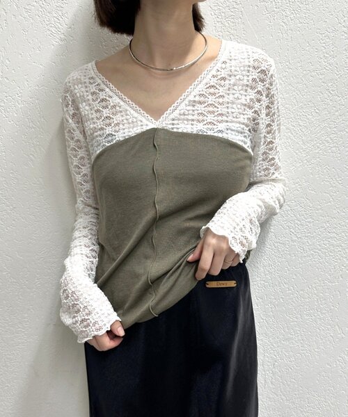 Omekashi(オメカシ)の「レース切替ニットソー(Tシャツ/カットソー・レディース・カーキ/ブラック/オフホワイト/グレー・FREE)」の1枚目の写真