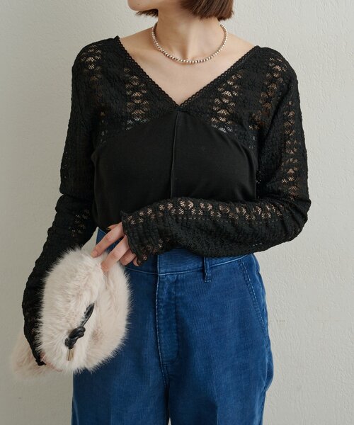 Omekashi(オメカシ)の「レース切替ニットソー(Tシャツ/カットソー・レディース・カーキ/ブラック/オフホワイト/グレー・FREE)」の3枚目の写真