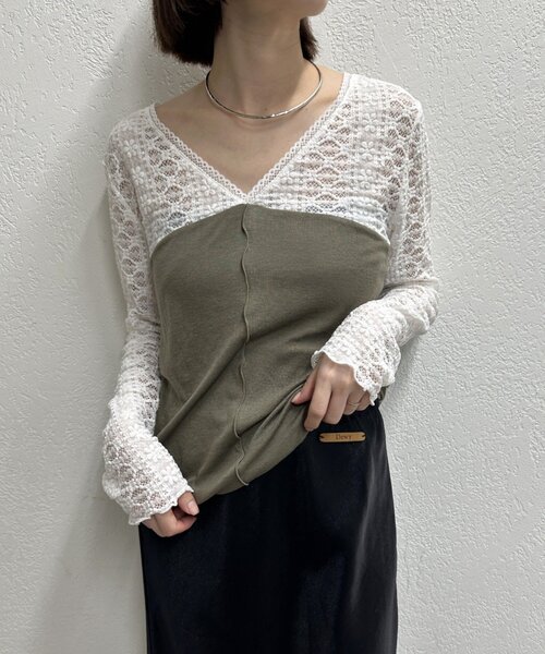 Omekashi(オメカシ)の「レース切替ニットソー(Tシャツ/カットソー・レディース・カーキ/ブラック/オフホワイト/グレー・FREE)」の6枚目の写真