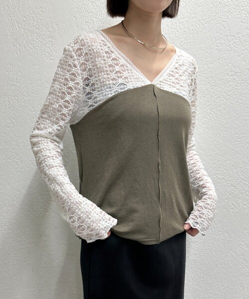 Omekashi(オメカシ)の「レース切替ニットソー(Tシャツ/カットソー・レディース・カーキ/ブラック/オフホワイト/グレー・FREE)」の7枚目の写真