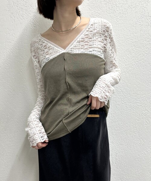 Omekashi(オメカシ)の「レース切替ニットソー(Tシャツ/カットソー・レディース・カーキ/ブラック/オフホワイト/グレー・FREE)」の8枚目の写真