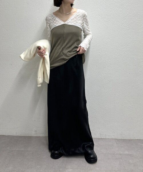 Omekashi(オメカシ)の「レース切替ニットソー(Tシャツ/カットソー・レディース・カーキ/ブラック/オフホワイト/グレー・FREE)」の11枚目の写真