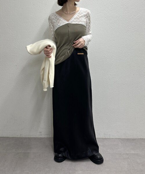 Omekashi(オメカシ)の「レース切替ニットソー(Tシャツ/カットソー・レディース・カーキ/ブラック/オフホワイト/グレー・FREE)」の13枚目の写真