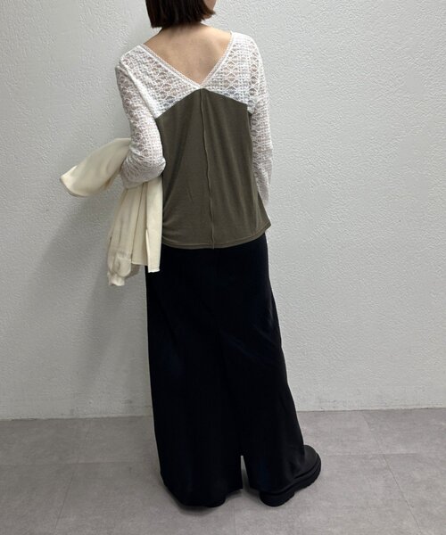 Omekashi(オメカシ)の「レース切替ニットソー(Tシャツ/カットソー・レディース・カーキ/ブラック/オフホワイト/グレー・FREE)」の14枚目の写真