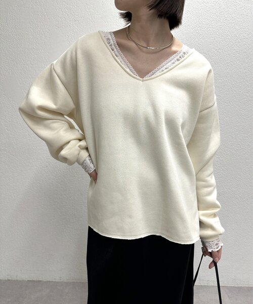 Omekashi(オメカシ)の「レース切替ニットソー(Tシャツ/カットソー・レディース・カーキ/ブラック/オフホワイト/グレー・FREE)」の15枚目の写真