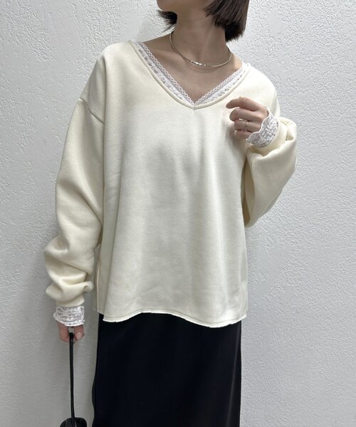 Omekashi(オメカシ)の「レース切替ニットソー(Tシャツ/カットソー・レディース・カーキ/ブラック/オフホワイト/グレー・FREE)」の16枚目の写真