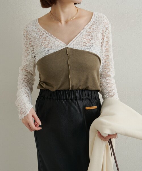 Omekashi(オメカシ)の「レース切替ニットソー(Tシャツ/カットソー・レディース・カーキ/ブラック/オフホワイト/グレー・FREE)」の20枚目の写真