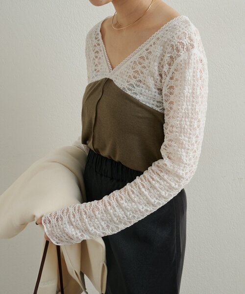 Omekashi(オメカシ)の「レース切替ニットソー(Tシャツ/カットソー・レディース・カーキ/ブラック/オフホワイト/グレー・FREE)」の21枚目の写真