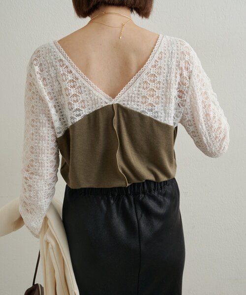 Omekashi(オメカシ)の「レース切替ニットソー(Tシャツ/カットソー・レディース・カーキ/ブラック/オフホワイト/グレー・FREE)」の22枚目の写真