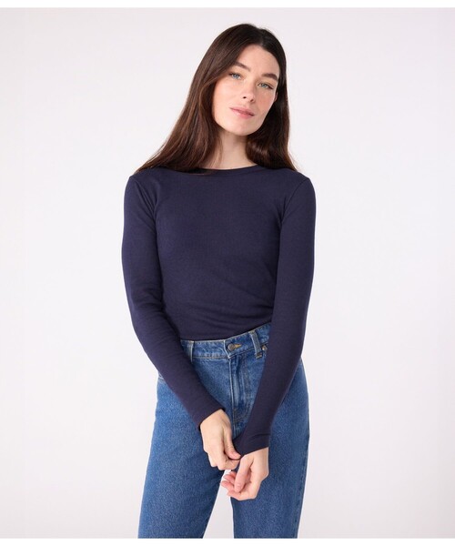 PETIT BATEAU(プチバトー)の「長袖Tシャツ(Tシャツ/カットソー・レディース・ネイビー/オフホワイト・XX-SMALL/X-SMALL/SMALL/MEDIUM)」の1枚目の写真