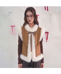 Fur Trim Quilted Vest BROWN