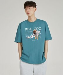 リアルジュ フラワーポメ ラウンドネック 15番手 綿 半袖Tシャツ_ブルーグリーン