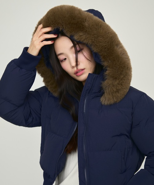 ダウンジャケット ネイビー ファー付き Faux Fur Hooded Down Jacket / フェイクファーフード付きダウン