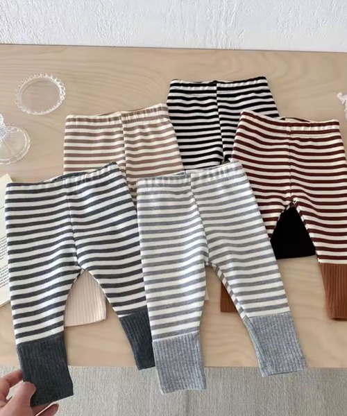 Bambin（ボンバン）の「【 Bambin / ボンバン 】 ナチュラルカラー ボーダー 切り替え レギンス（レギンス/スパッツ・キッズ・ライトグレー/ブラウン/ブラック/ダークグレー・80/90/100）」の2枚目の写真