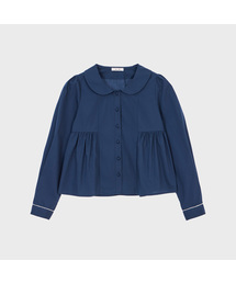 Round Collar Shirring Blouse (Navy)