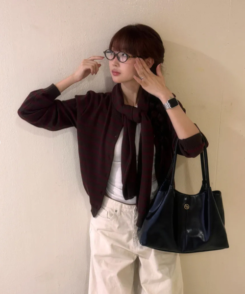 MUFFLER SET STRIPE CARDIGAN_BROWN/WINE