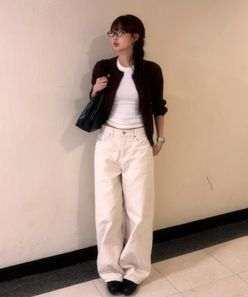 MUFFLER SET STRIPE CARDIGAN_BROWN/WINE
