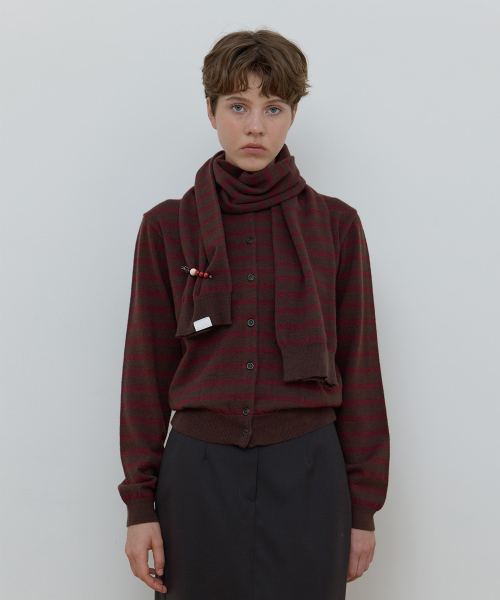 MUFFLER SET STRIPE CARDIGAN_BROWN/WINE