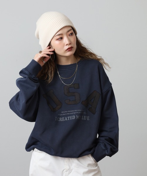 FUNALIVE(ファンアライブ)の「裏毛ピグメント加工ワッペン刺繍トレーナー(スウェット・メンズ・チャコール/ネイビー/ピンク・L/M)」の1枚目の写真