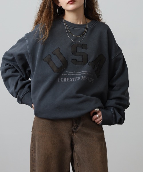 FUNALIVE(ファンアライブ)の「裏毛ピグメント加工ワッペン刺繍トレーナー(スウェット・メンズ・チャコール/ネイビー/ピンク・L/M)」の4枚目の写真