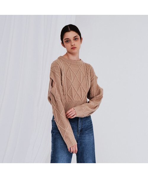 MAKE A TOAST(メイクアトースト)の「OPEN SHOULDER SHORT KNIT BEIGE(ニット/セーター・レディース・ベージュ・FREE)」の1枚目の写真