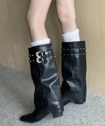 lilful | ダブルベルト スタッズデザイン ポインテッドトゥロングブーツ(ブーツ)