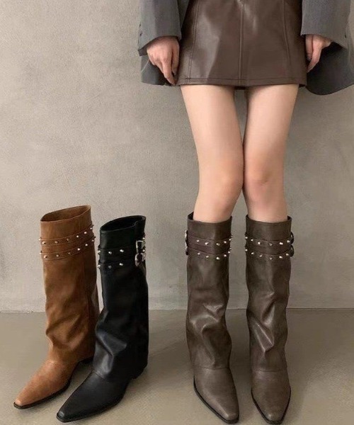 lilful（リルフル）の「ダブルベルト スタッズデザイン ポインテッドトゥロングブーツ（ブーツ・レディース・ブラック/ブラウン/ダークブラウン・M/L）」の10枚目の写真