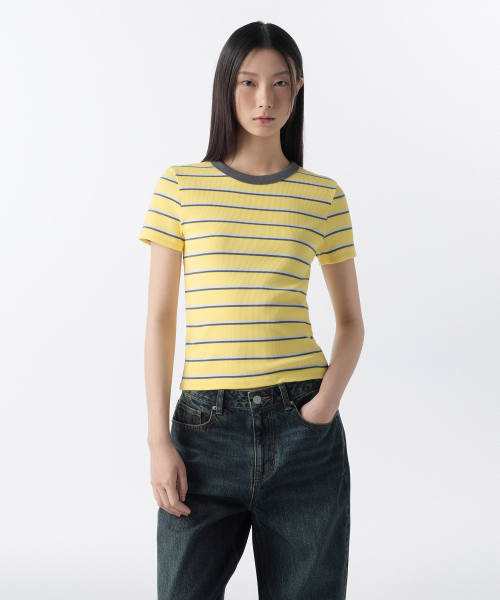 MUSINSA STANDARD WOMAN（ムシンサスタンダードウーマン）の「ウィメンズリブドマルチストライプスリムTシャツ[イエロー]（Tシャツ/カットソー・レディース・その他・LARGE/MEDIUM/SMALL/X-SMALL）」の3枚目の写真