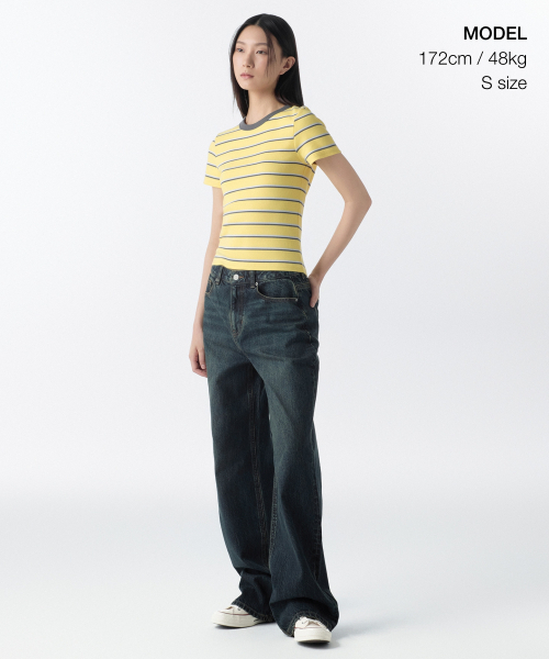 MUSINSA STANDARD WOMAN（ムシンサスタンダードウーマン）の「ウィメンズリブドマルチストライプスリムTシャツ[イエロー]（Tシャツ/カットソー・レディース・その他・LARGE/MEDIUM/SMALL/X-SMALL）」の4枚目の写真