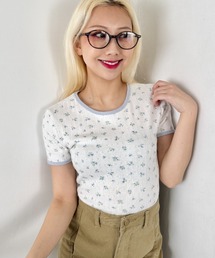 花柄リンガーTシャツ