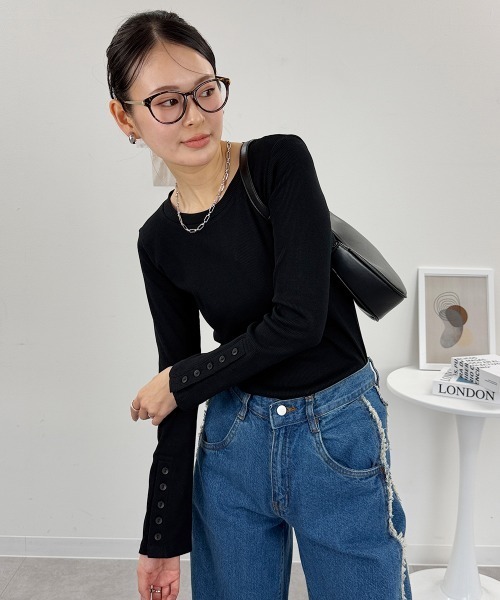 RCD（アールシーディー）の「袖口ボタンリブロングTシャツ（Tシャツ/カットソー・レディース・オフホワイト/ブラック・4L/3L/LL/L/M）」の6枚目の写真
