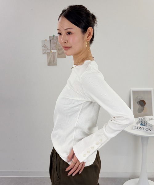 RCD（アールシーディー）の「袖口ボタンリブロングTシャツ（Tシャツ/カットソー・レディース・オフホワイト/ブラック・4L/3L/LL/L/M）」の4枚目の写真