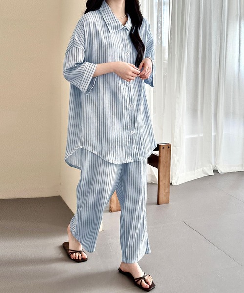 DAY CLOSET(デイ クローゼット)の「【セットアップ/こなれ見えワッシャー加工】7分袖 ストライプ柄 アシメラウンドヘム シャツ+ロングパンツ 上下2点セット レディース(ルームウェア/パジャマ・レディース・グレー/ブルー/ホワイト/ブラウン/ライトブルー・L/M/S)」の4枚目の写真