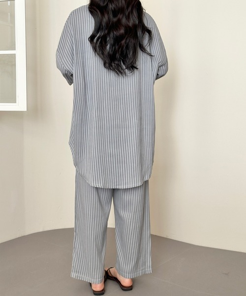 DAY CLOSET(デイ クローゼット)の「【セットアップ/こなれ見えワッシャー加工】7分袖 ストライプ柄 アシメラウンドヘム シャツ+ロングパンツ 上下2点セット レディース(ルームウェア/パジャマ・レディース・グレー/ブルー/ホワイト/ブラウン/ライトブルー・L/M/S)」の8枚目の写真