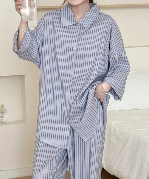 DAY CLOSET(デイ クローゼット)の「【セットアップ/こなれ見えワッシャー加工】7分袖 ストライプ柄 アシメラウンドヘム シャツ+ロングパンツ 上下2点セット レディース(ルームウェア/パジャマ・レディース・グレー/ブルー/ホワイト/ブラウン/ライトブルー・L/M/S)」の17枚目の写真