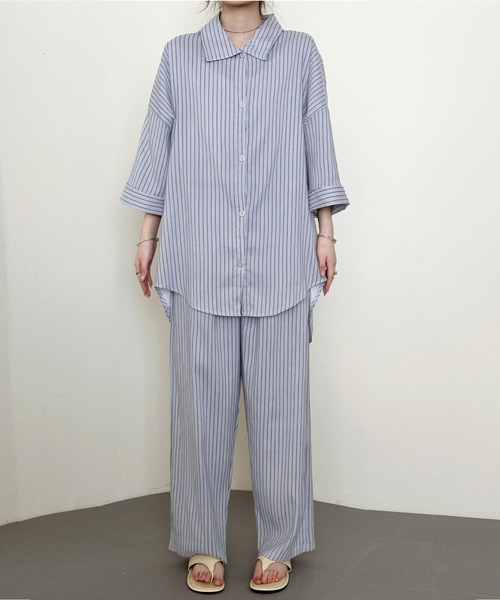 DAY CLOSET(デイ クローゼット)の「【セットアップ/こなれ見えワッシャー加工】7分袖 ストライプ柄 アシメラウンドヘム シャツ+ロングパンツ 上下2点セット レディース(ルームウェア/パジャマ・レディース・グレー/ブルー/ホワイト/ブラウン/ライトブルー・L/M/S)」の22枚目の写真