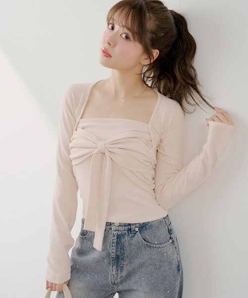 Chico(チコ)の「ボレロ風リボントップス(Tシャツ/カットソー・レディース・グレー/ピンク/アイボリー/ブラック・FREE)」の4枚目の写真