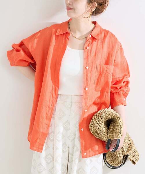B.C STOCK（ベーセーストック）の「《S/Mサイズ展開》手洗い可 / 2WAYフレンチリネンシャツ（シャツ/ブラウス・レディース・ピンク/ホワイト/イエロー/ブルー/ライトブルー/アイボリー/ブラック/オレンジ/エメラルドブルー・MEDIUM/SMALL）」の9枚目の写真