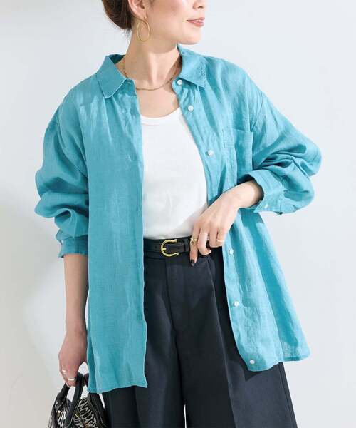 B.C STOCK（ベーセーストック）の「《S/Mサイズ展開》手洗い可 / 2WAYフレンチリネンシャツ（シャツ/ブラウス・レディース・ピンク/ホワイト/イエロー/ブルー/ライトブルー/アイボリー/ブラック/オレンジ/エメラルドブルー・MEDIUM/SMALL）」の6枚目の写真