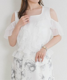 2026春夏新作 パウダーシフォンラッフルレイヤード肩開きニット