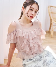 2026春夏新作 パウダーシフォンラッフルレイヤード肩開きニット