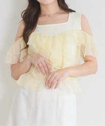 2026春夏新作 パウダーシフォンラッフルレイヤード肩開きニット