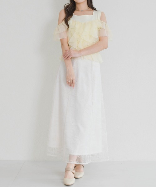 MISCH MASCH ミッシュマッシュ 袖シフォンニット 2026春夏新作 パウダーシフォンラッフルレイヤード肩開きニット