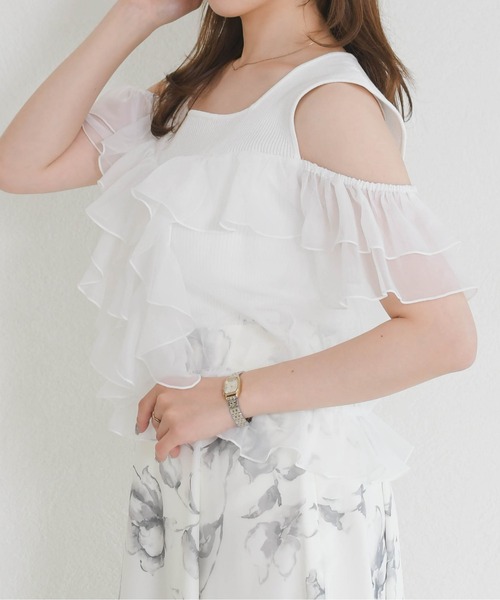 MISCH MASCH(ミッシュマッシュ)の「2026春夏新作 パウダーシフォンラッフルレイヤード肩開きニット(ニット/セーター・レディース・ピンク/ホワイト/イエロー・フリ-)」の10枚目の写真
