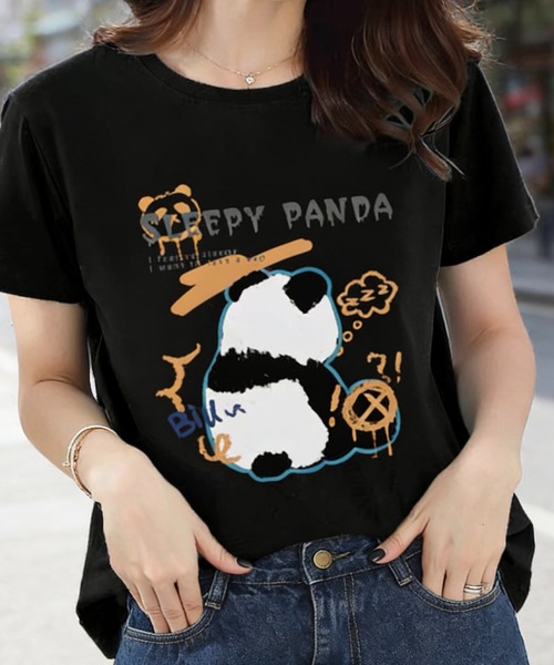 SHOUYO(ショウヨウ)の「ゆるっと着られるパンダモチーフTシャツ(Tシャツ/カットソー・レディース・ベージュ/ピンク/ブラック・M)」の1枚目の写真