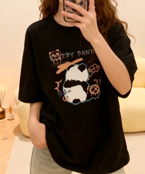 SHOUYO(ショウヨウ)の「ゆるっと着られるパンダモチーフTシャツ(Tシャツ/カットソー・レディース・ベージュ/ピンク/ブラック・M)」の4枚目の写真